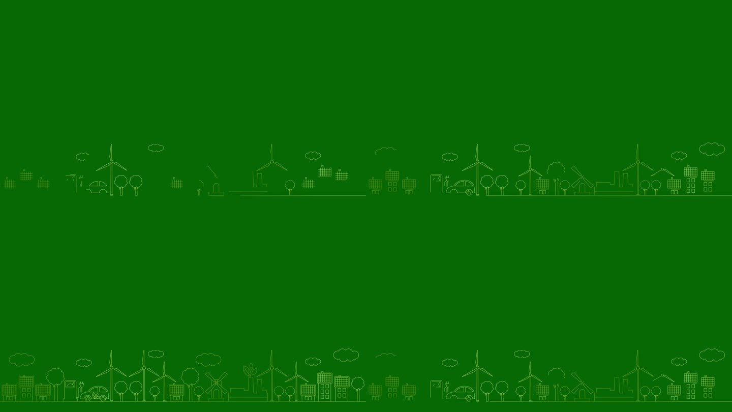 绿色能源城市的动画线性金色图标。绘制线条符号。可持续发展、环保、可再生能源、绿色科技的理念。插图孤立