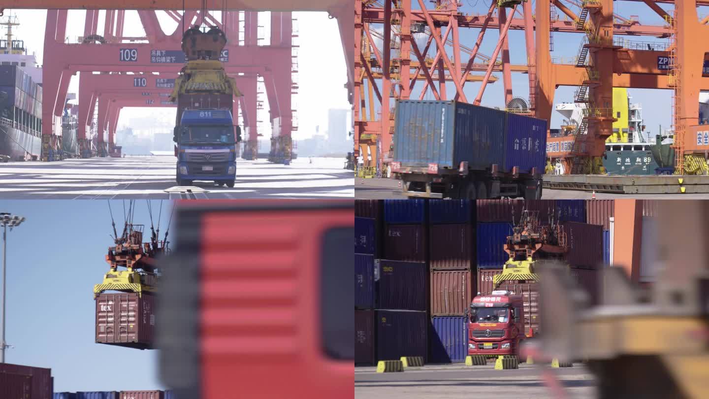 4K繁忙港口货运轮船集装箱唐山港货车物流