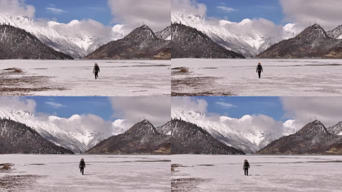 原创一个人行走在雪地冰面上