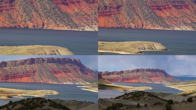 山峦环抱，湖中有红山，岛中有湖。美国犹他州