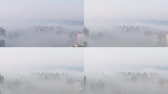 航拍平流雾天气云雾襄阳城市风光