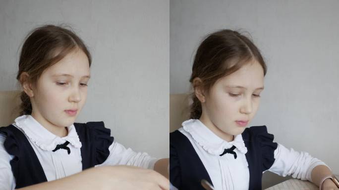 一个穿制服的女学生在放学或上学前吃燕麦片和香蕉的特写。一个十几岁的女孩早餐或午餐吃粥。学校健康饮食的