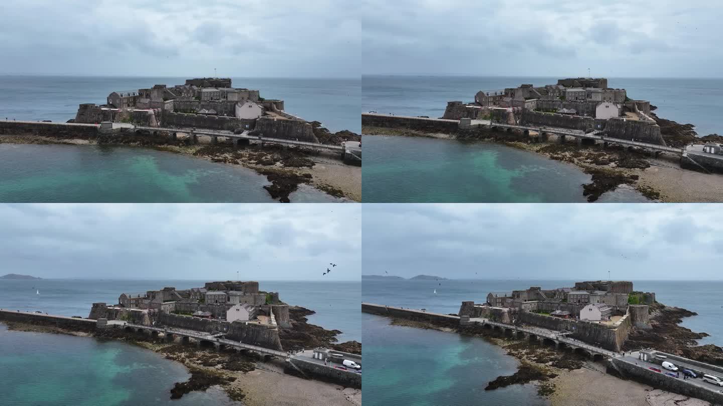 无人机拍摄，城堡短号，圣彼得港，根西海峡群岛辖区60fps