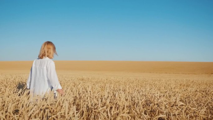 一位女农民走在一望无际的黄麦地上。后视