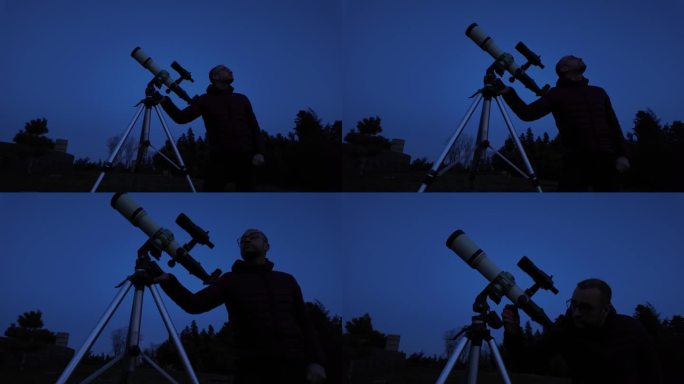 业余天文爱好者用望远镜观察夜空，观察行星、恒星、月亮和其他天体。