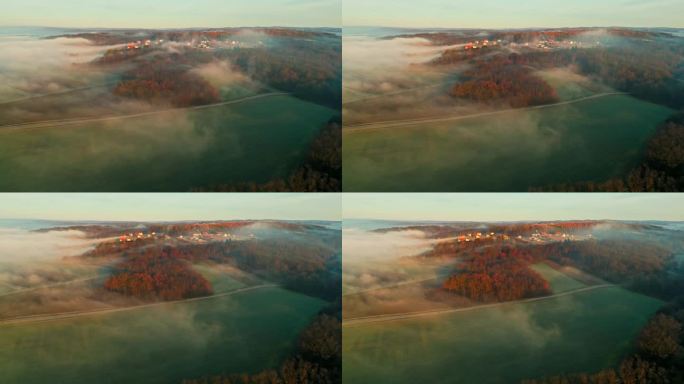 雾覆盖的农田和茂密的森林鸟瞰图