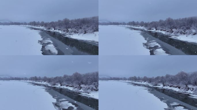 4K航拍不冻河下大雪视频  (10)