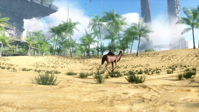 骆驼在未来的沙漠中行走，科幻城市。未来的建筑概念。逼真的4k动画。
