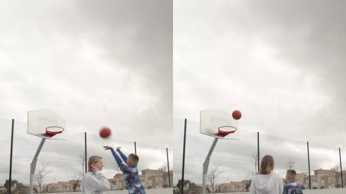 兄妹俩在球场上一起打篮球，一起享受时光，通过运动加强兄弟姐妹的感情。