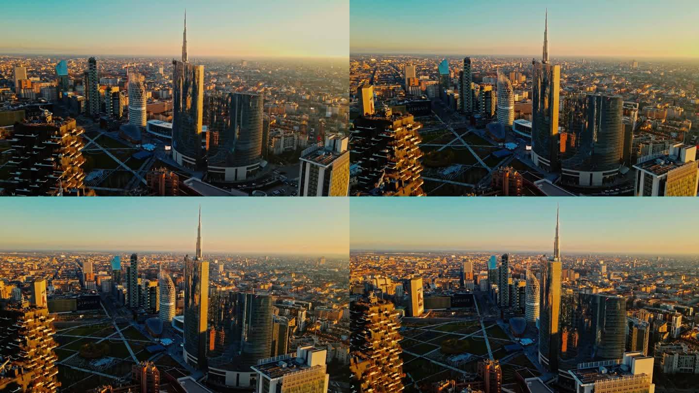 日落时分，意大利米兰商业区的著名摩天大楼