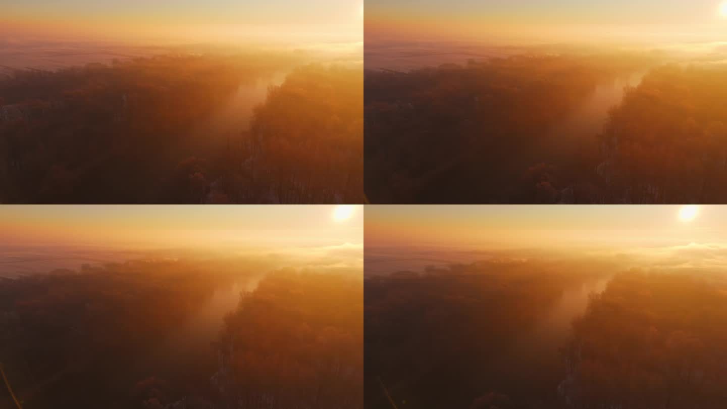 日出时穆尔河和森林树木的鸟瞰图
