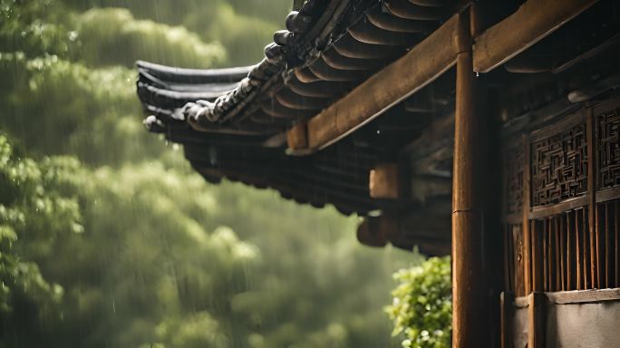 古建筑 木屋 屋檐 下雨