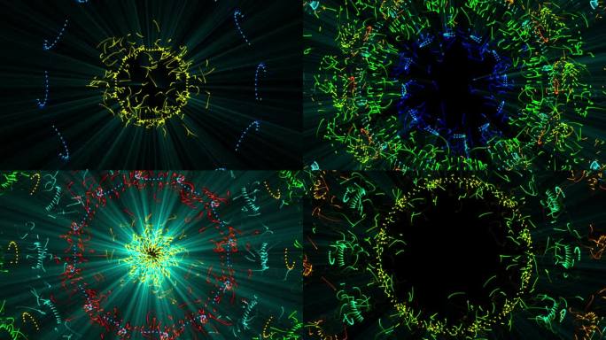 以彩色圆形径向隧道线为特色，能量发光波粒子爆炸，抽象移动