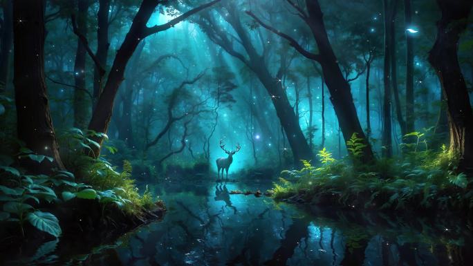 4K唯美梦幻森林树林星夜绿植仙境小鹿背景