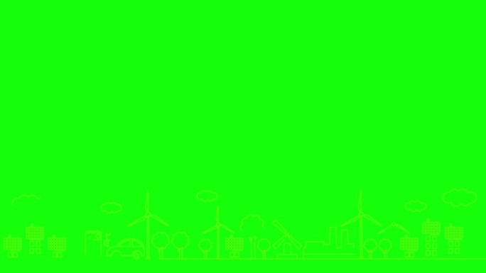 绿色能源城市的动画线性橙色图标。绘制线条符号。可持续发展、环保、可再生能源、绿色科技的理念。插图孤立