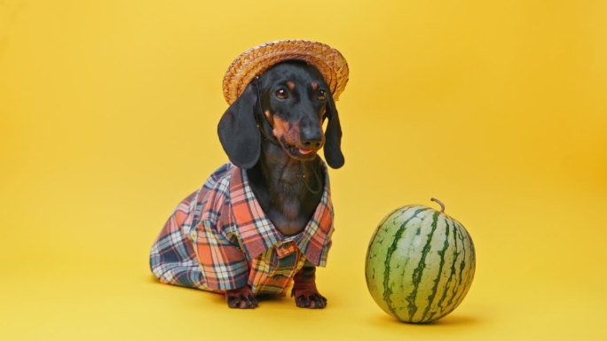 穿着农家服草帽的狗舔西瓜，避开禁食