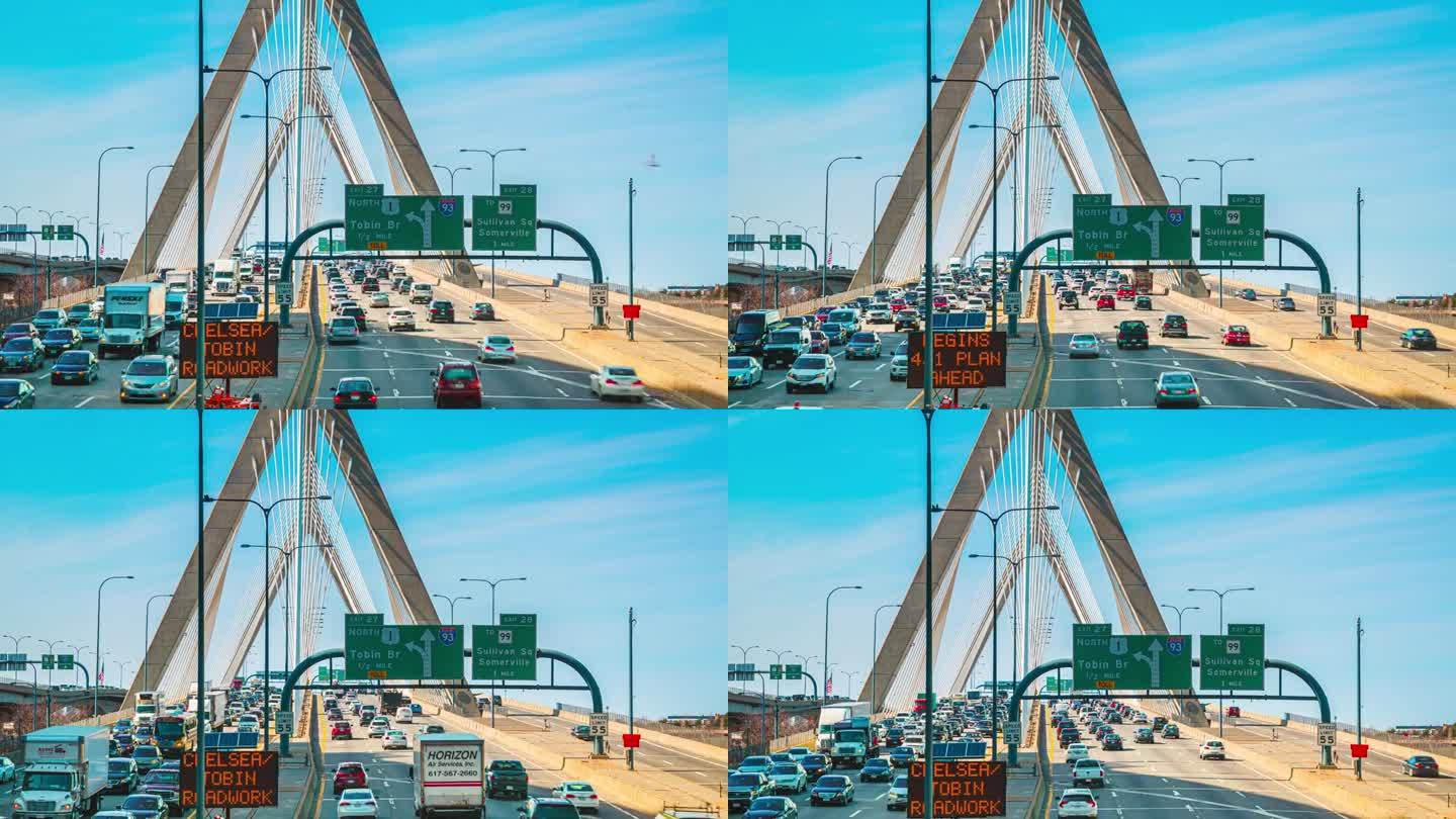 从行驶在扎基姆桥上进入美国马萨诸塞州波士顿的道路交通车辆所看到的城市天际线
