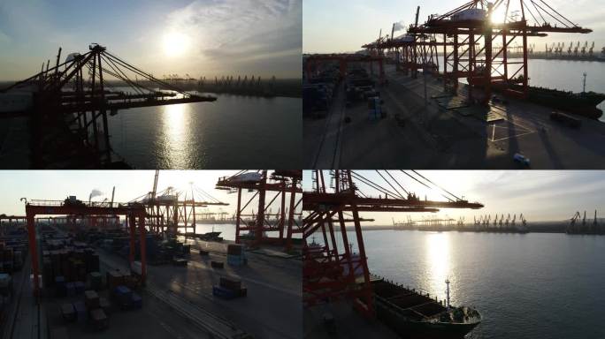 4K港口货运轮船集装箱唐山港航拍物流剪影