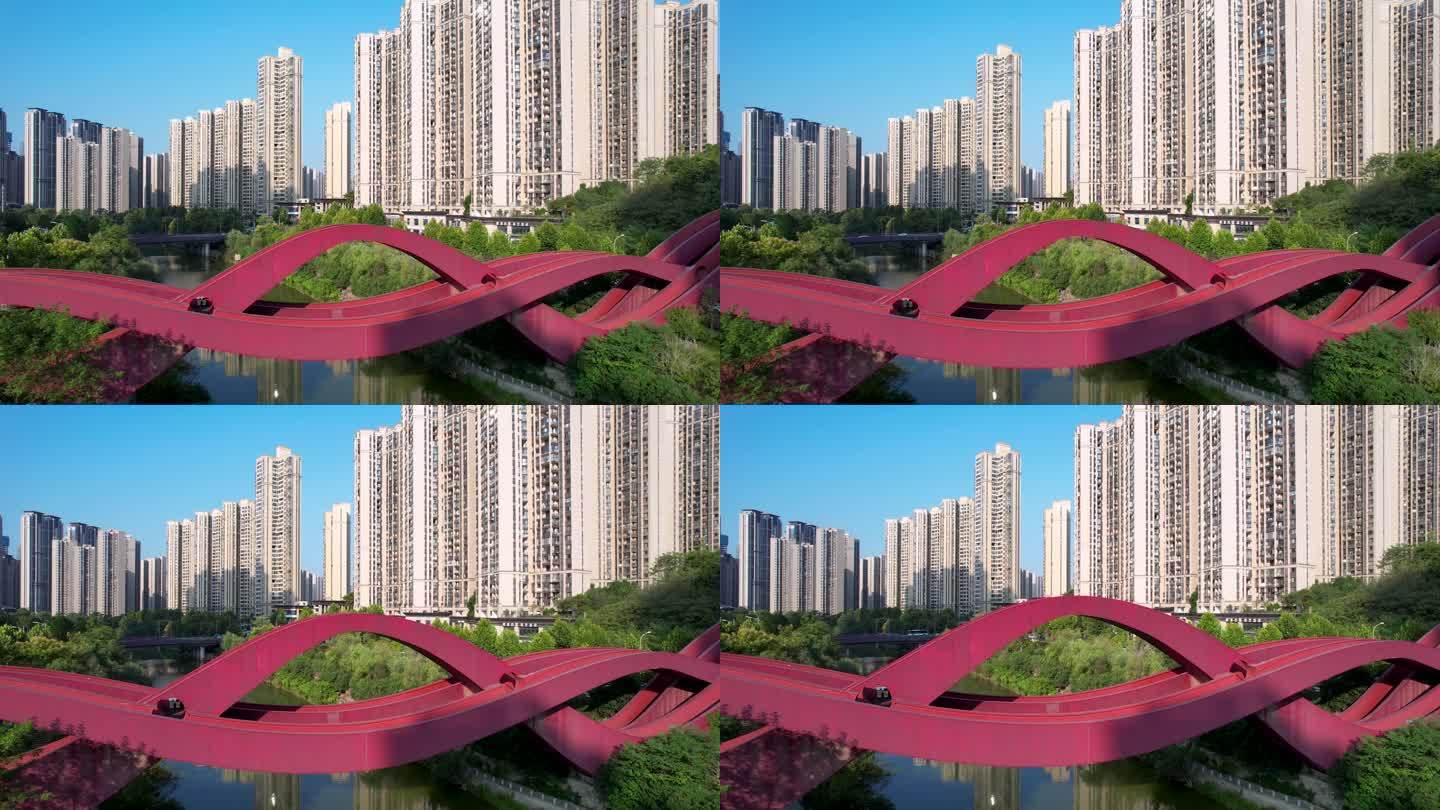 航拍湖南长沙梅溪湖网红中国结步行桥建筑
