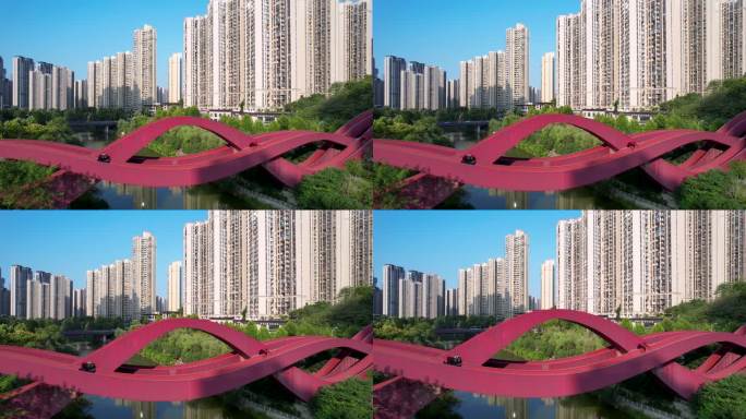 航拍湖南长沙梅溪湖网红中国结步行桥建筑
