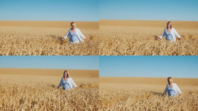 农妇走在一望无际的黄麦地上。