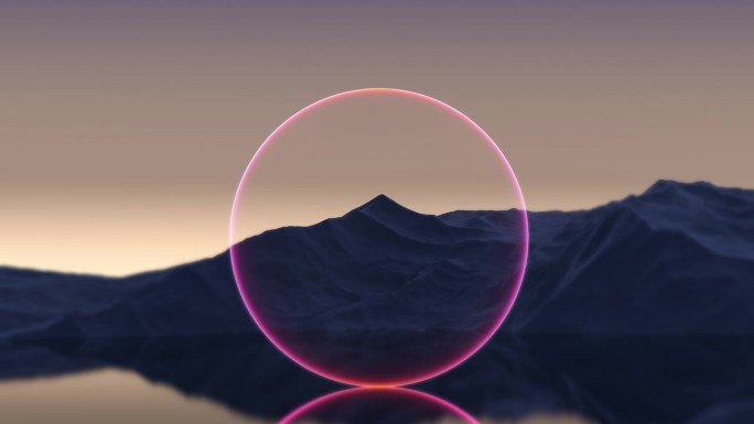 湖光山色的地平线上的霓虹灯环，科幻的未来景观，动画。三维渲染