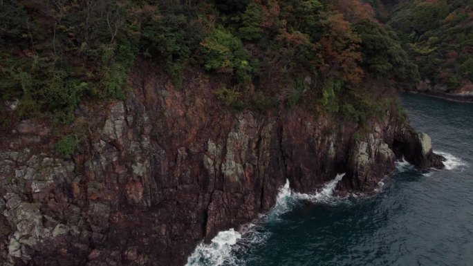 空中全景无人机景观岩石悬崖在京都京都探戈日本海与绿色棕色的橘子树，蓝色的海浪打破在日本旅游亚洲目的地