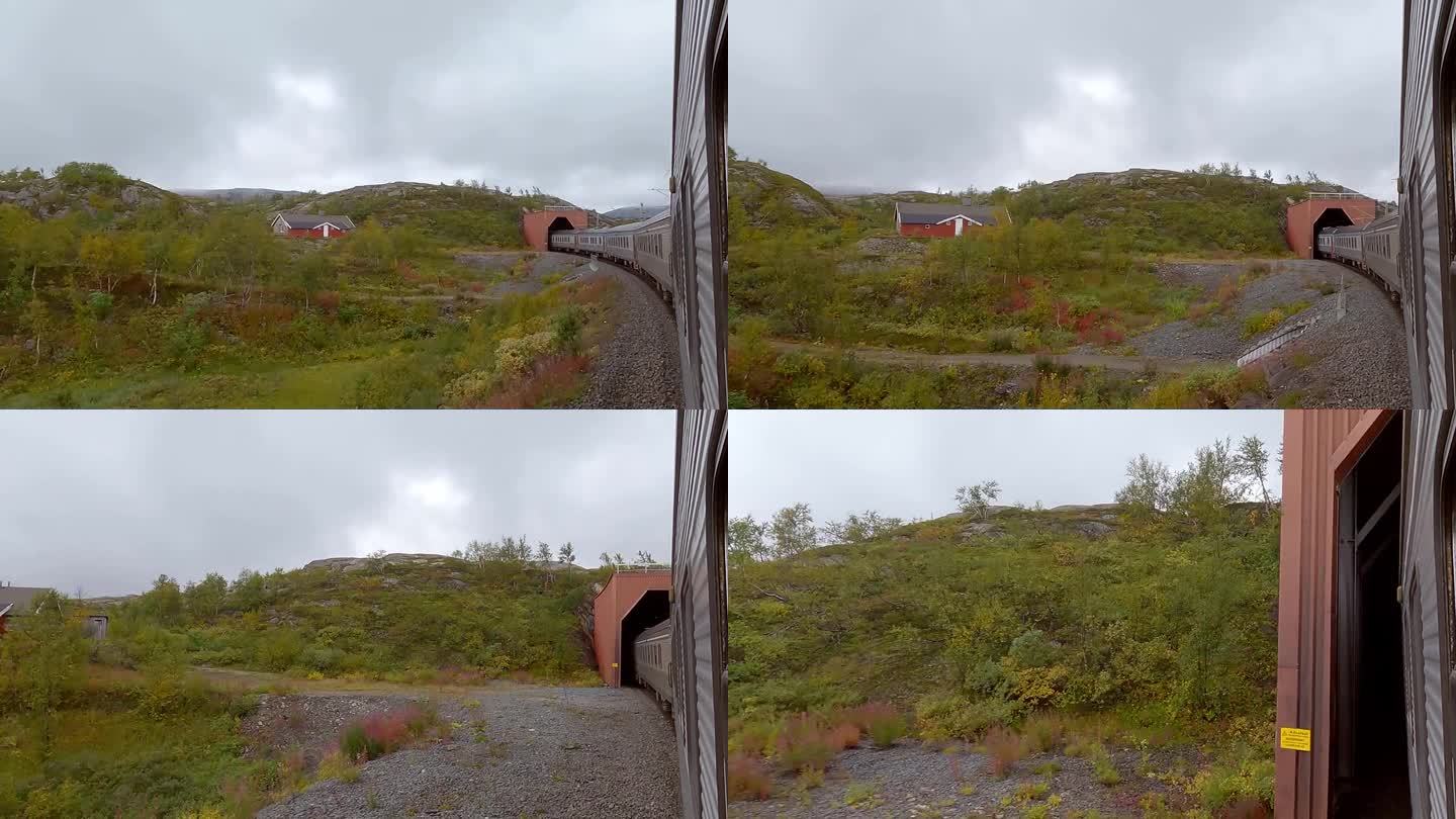火车上的摄像头显示了窗外火车的运动。进入隧道的火车