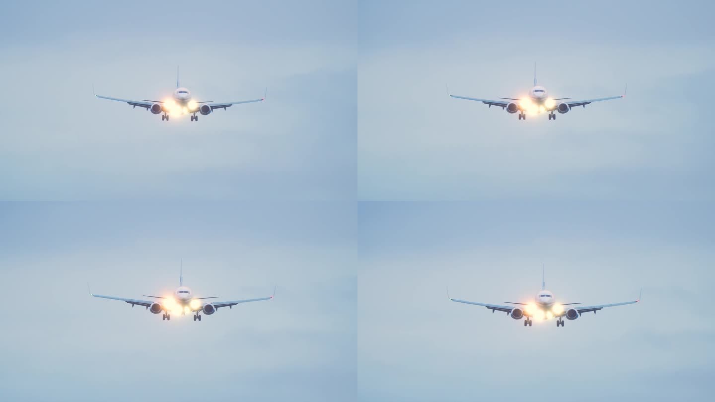 在蓝天上飞行的喷气式客机。飞行员在雾天光线不好的情况下开了灯。飞机抵达机场并在黄昏降落
