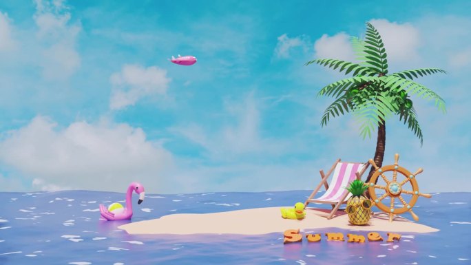 3d夏季旅游概念与舵轮，船尾，棕榈树，海边，菠萝，黄鸭，太阳镜，海滩孤立的蓝天背景。3d渲染图