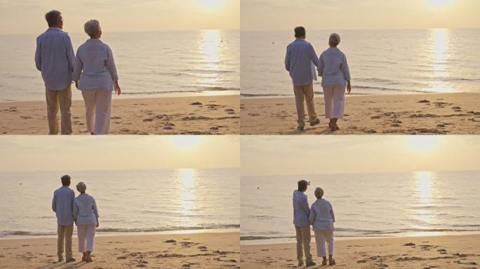老夫妇在海边看日落。