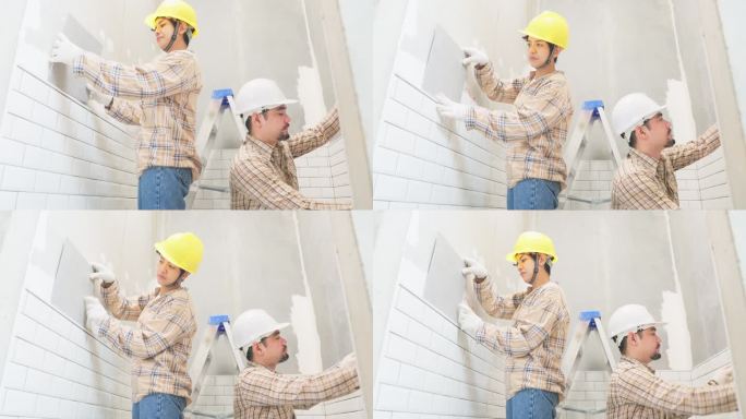 瓷砖使用瓷砖找平，并在浴室墙壁上铺设瓷砖。专家在墙上放了一块瓷砖，并测量了尺寸。
