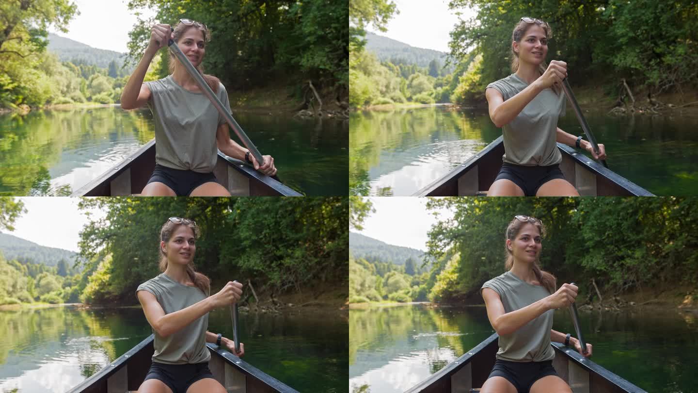 在独木舟上享受完美夏日的女人