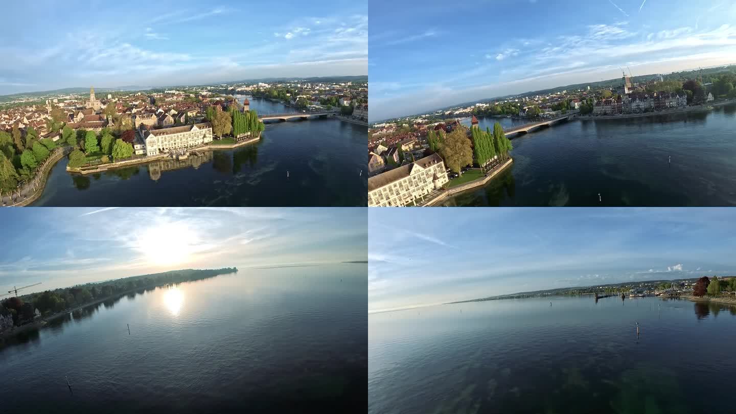 日出时康斯坦茨海滨长廊、斯泰根贝格酒店和莱茵河大桥的鸟瞰图。康斯坦茨湖，康斯坦茨，巴登州<e:1>，