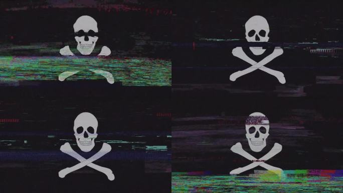 旗海盗动画垃圾和故障，坏电视损坏，数字网络安全数字动画可循环库存视频