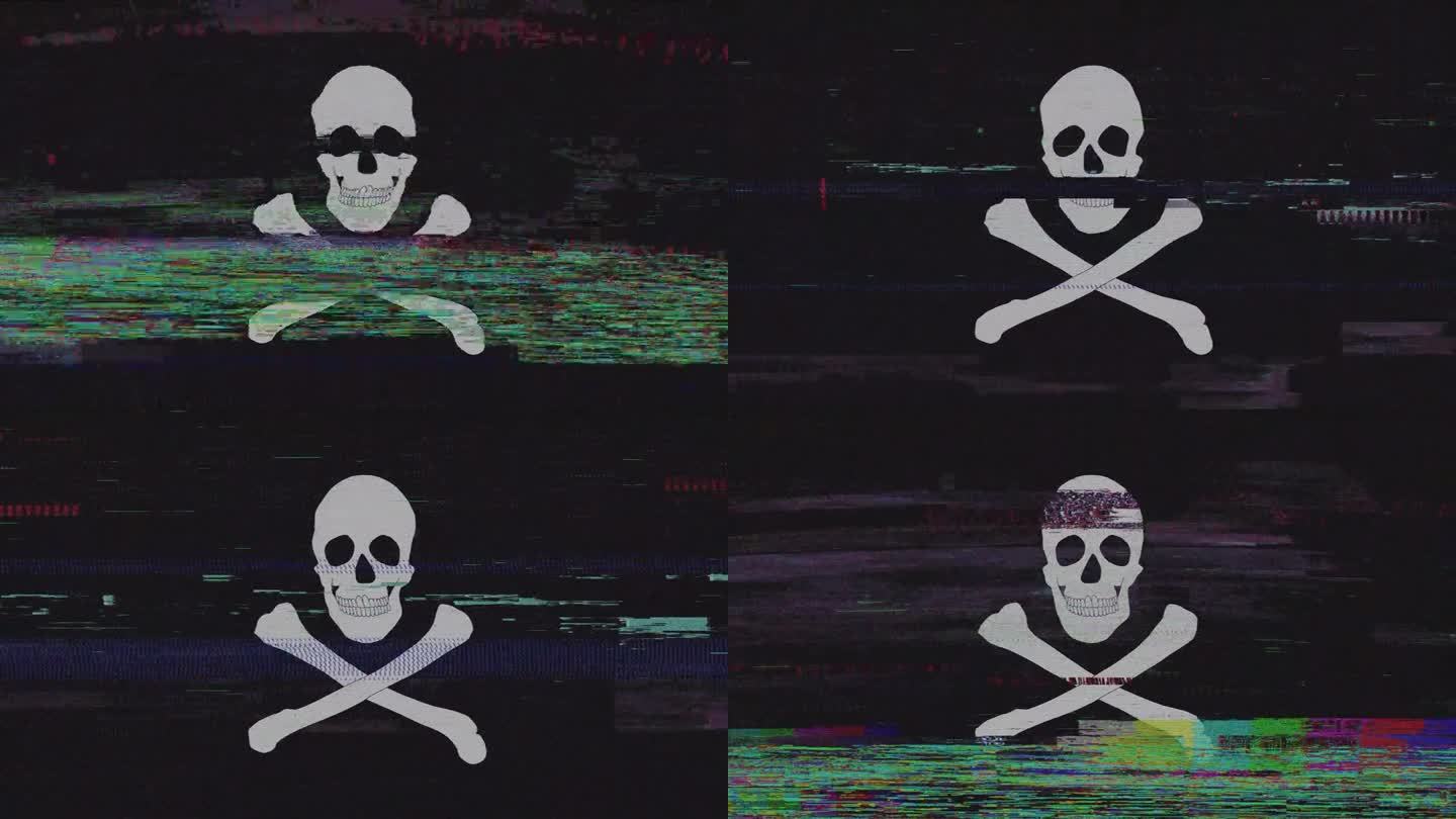 旗海盗动画垃圾和故障，坏电视损坏，数字网络安全数字动画可循环库存视频