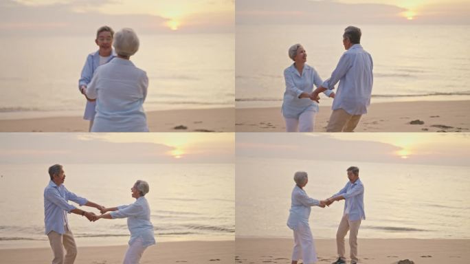 夕阳下，一对快乐的老年夫妇在海滩上跳舞。