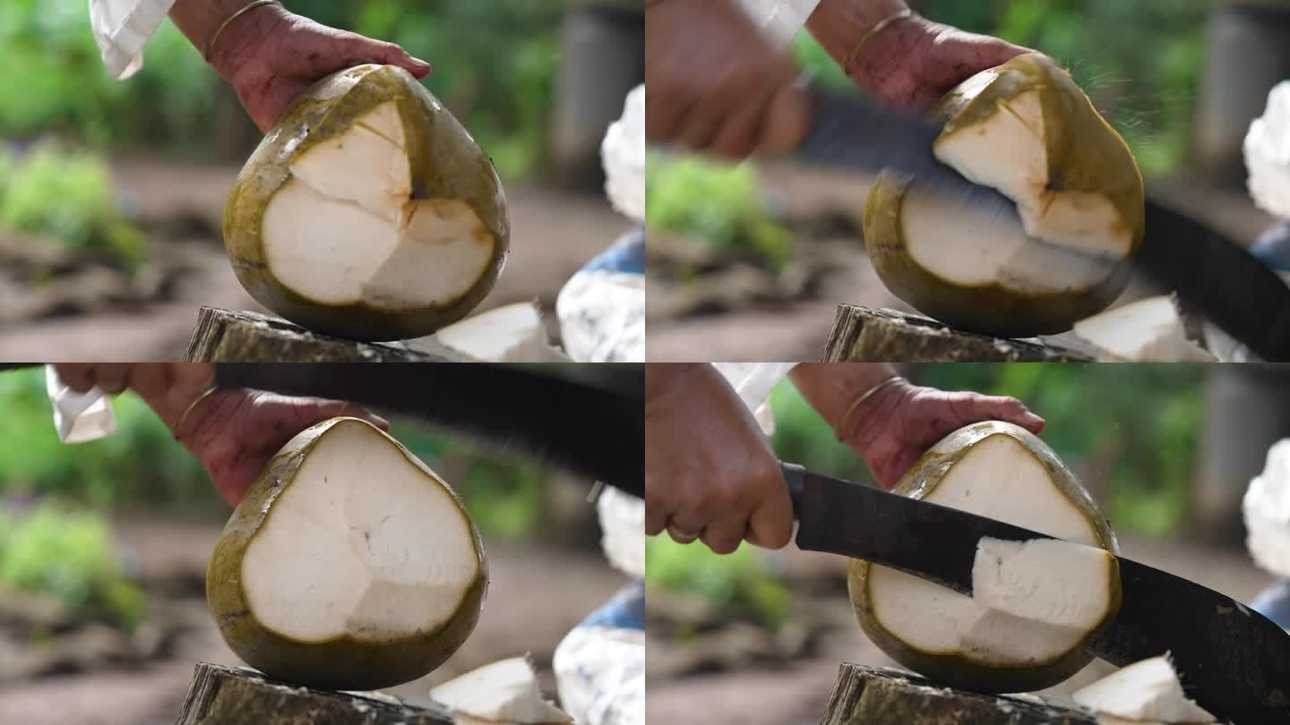 用弯刀、钩刀、利刀切椰壳、鲜椰、鲜椰