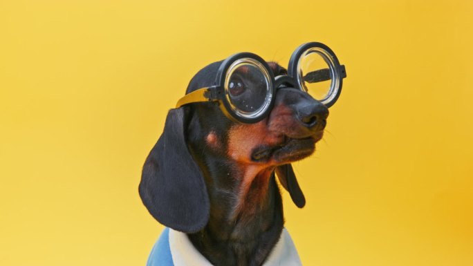 小狗小瞳孔戴圆形眼镜，目镜滑稽好学的优秀学生
