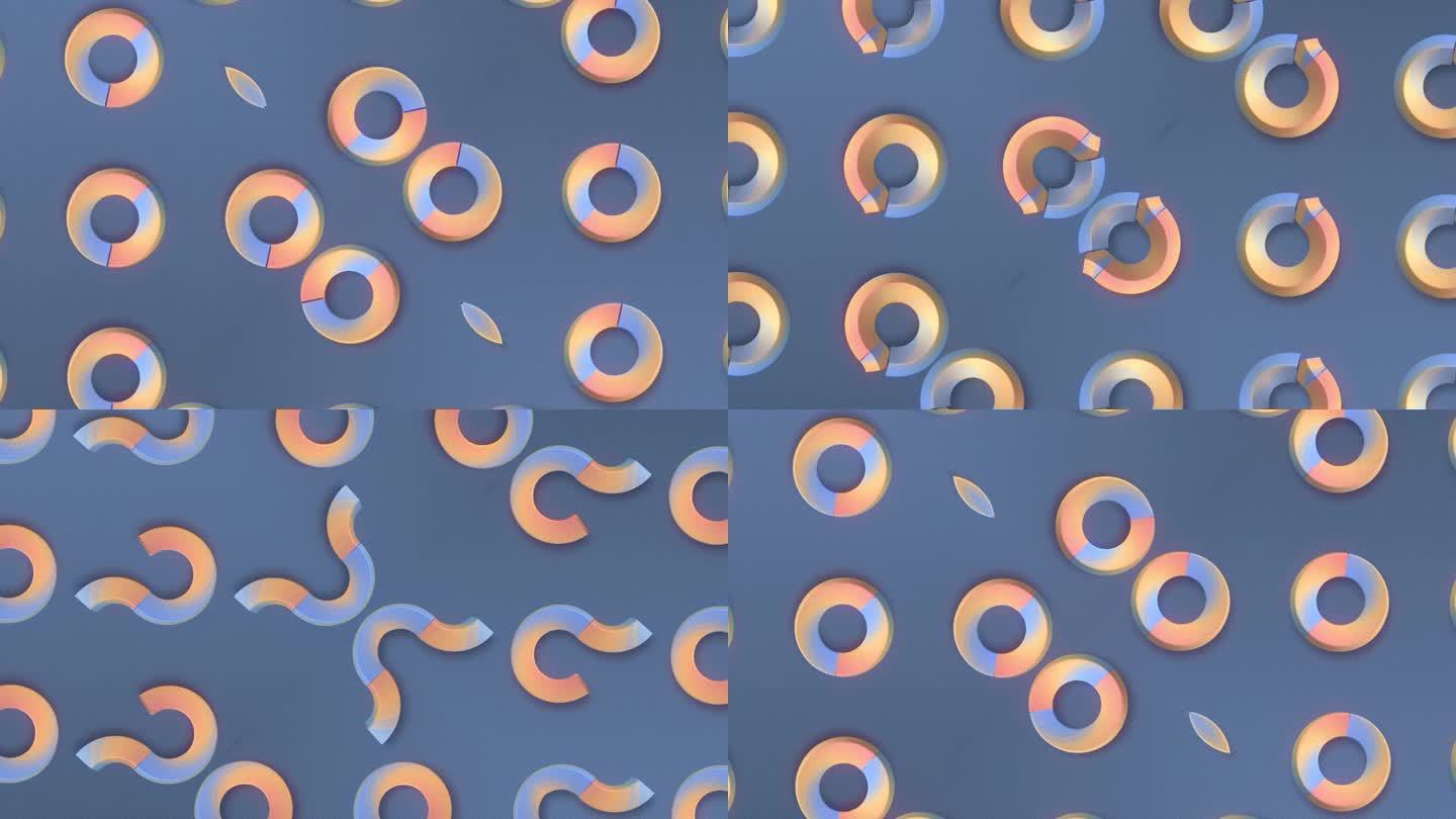 抽象的数字无缝循环动画在一个蓝橙色的配色方案与圆圈的图案。3d渲染4K