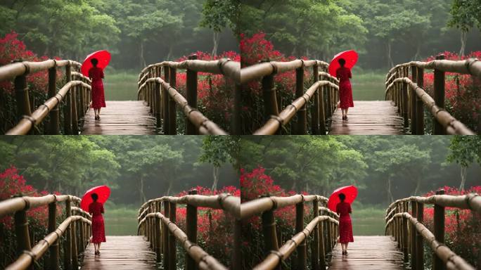 竹林 女人 红伞