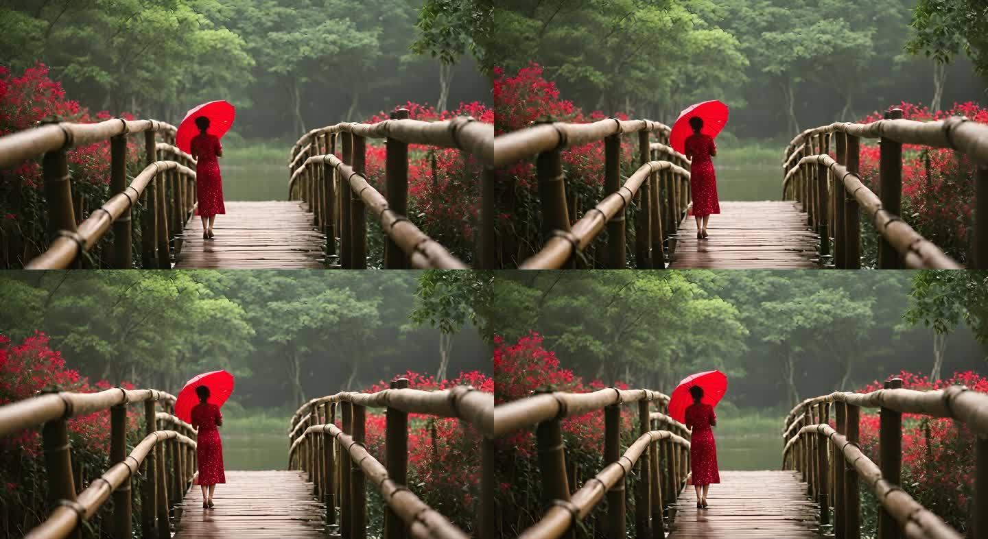 竹林 女人 红伞