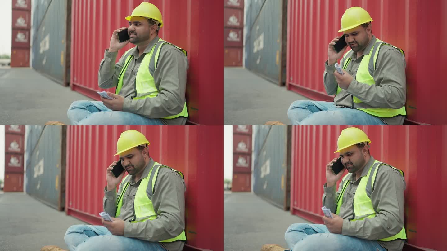 年轻的印度工业工程师在集装箱堆场辛苦工作后休息时，一边通过智能手机与家人聊天，一边计算工资。人手里的