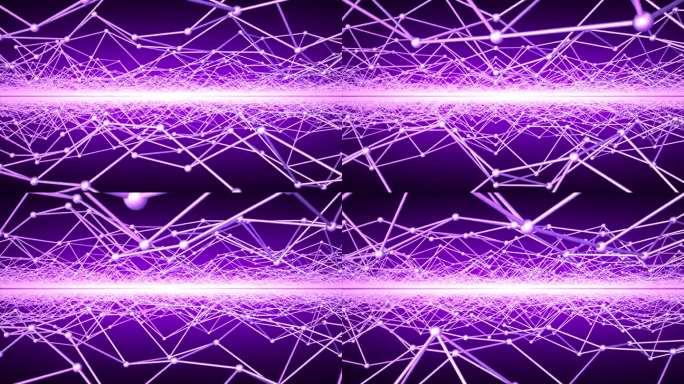 用移动的球体和线条飞过抽象的结构。分子和原子的三维插图。紫色背景为科学、医学、生物、化学和现代技术。