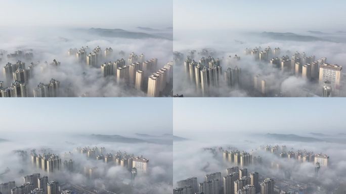 航拍平流雾天气云雾襄阳城市风光