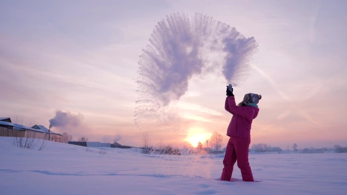 在一个美丽的冬日，夕阳西下，一个快乐的女孩正在寒冷的空气中泼热水。慢镜头