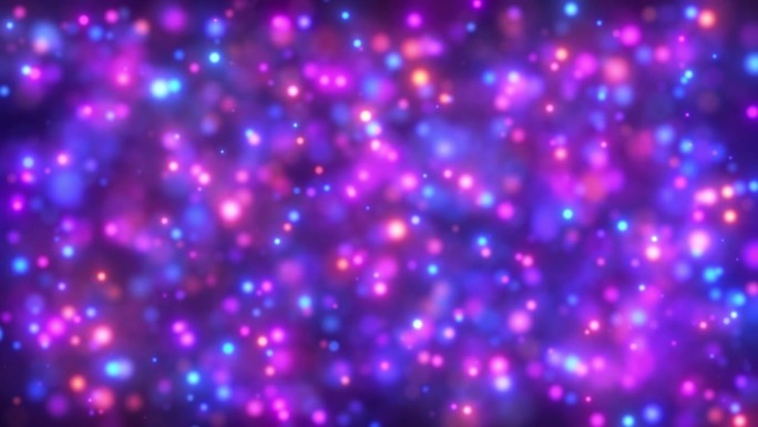 4k抽象循环散景背景与浅色彩色粒子在黑暗的背景。带有透光效果的动画素材。美丽的神奇粒子。循环3D动画