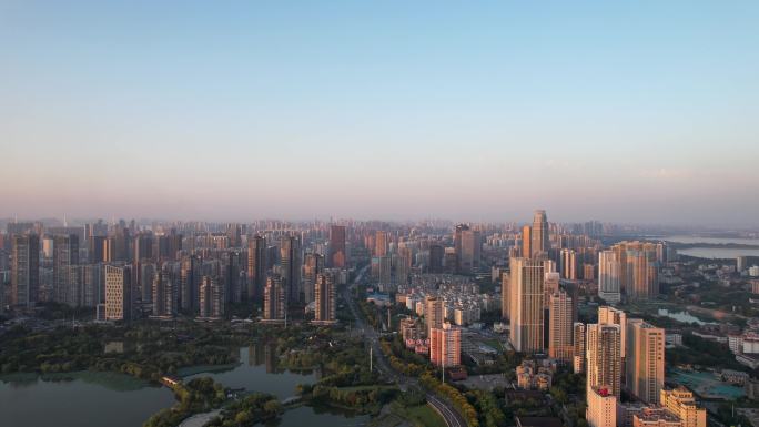航拍武汉城市沙湖边高楼建筑群街景