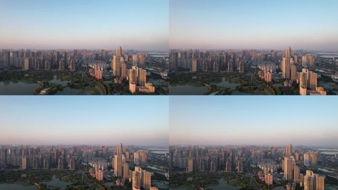航拍武汉城市沙湖边高楼建筑群街景