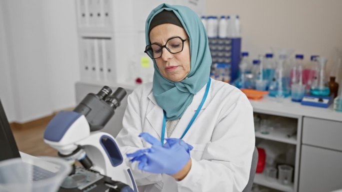 一位中年妇女在实验室工作台上戴着手套，拿着显微镜和化学药品，传达着医疗保健方面的专业精神。